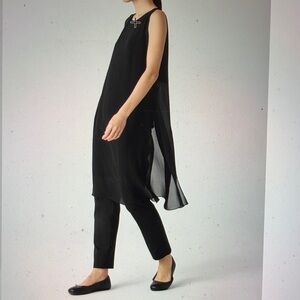 Eileen Fisher Black Sleeveless Sheer Silk Georgette Long Poncho L/XL